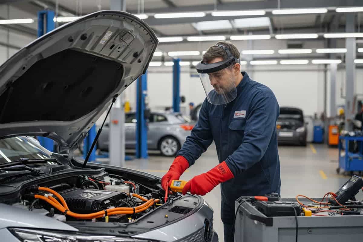 Le mécanicien équipé de ces EPI réalise une mesure sur une voiture électique. Il est habilité B1VL
