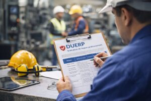 Un homme rempli le document unique d'évaluation des risques (DUERP) pour analyser les risques de son entreprise