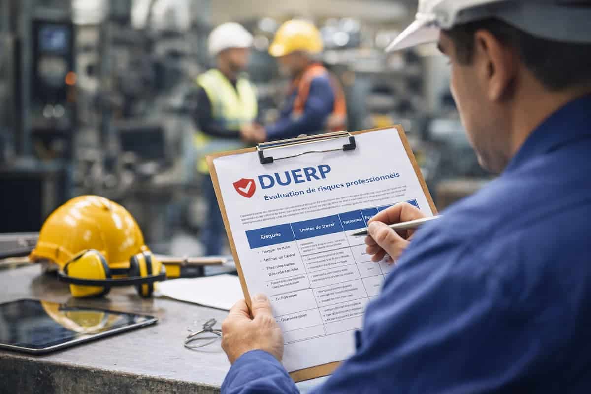Un homme rempli le document unique d'évaluation des risques (DUERP) pour analyser les risques de son entreprise