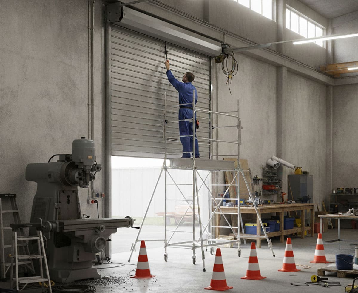 Un opérateur répare un rideau métallique avec son échafaudage roulant. Il a reçu une formation sécurité pour monter et utiliser l'échafaudage en sécurité. Image générée par IA